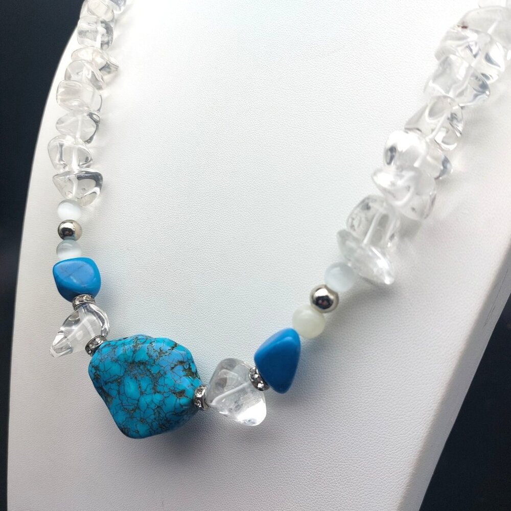 Vintage Turquoise & Clear Quartz Beaded Necklace With Chunky Stones Handmade